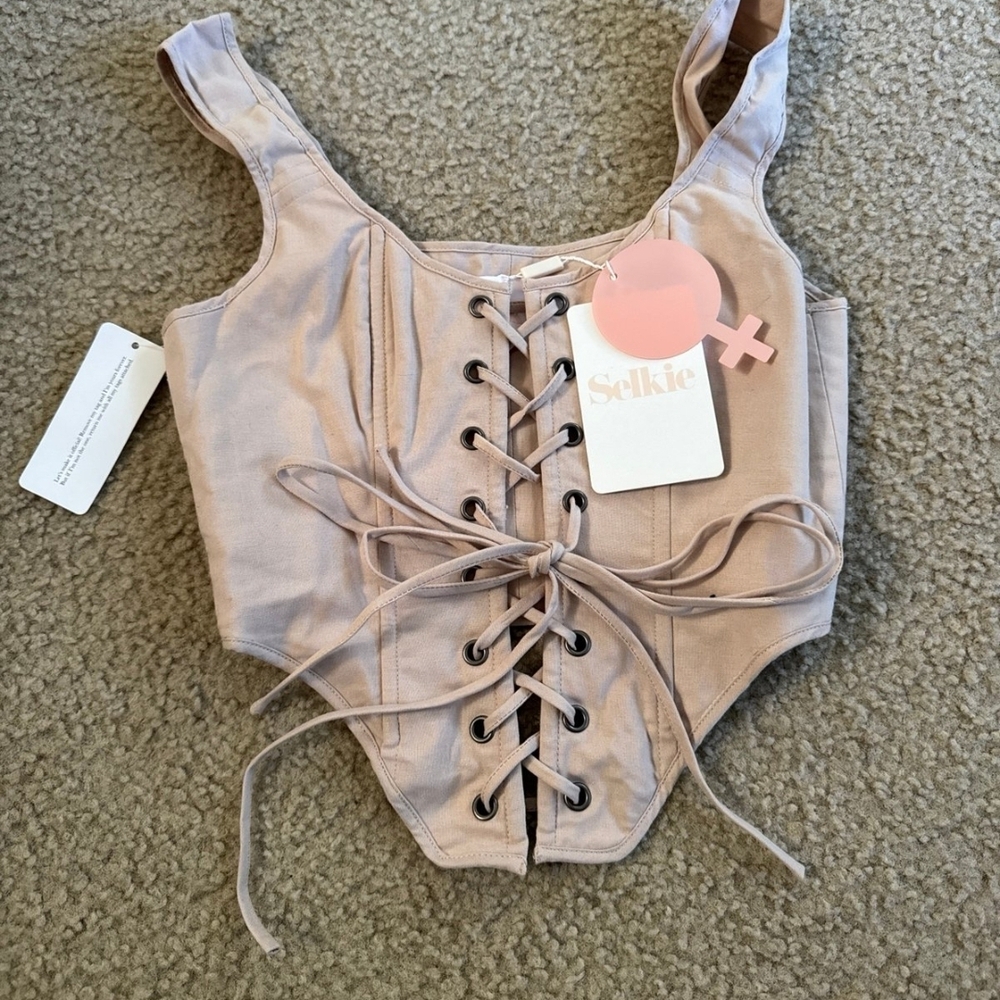 Selkie Lace-Up Crop Top in Tan